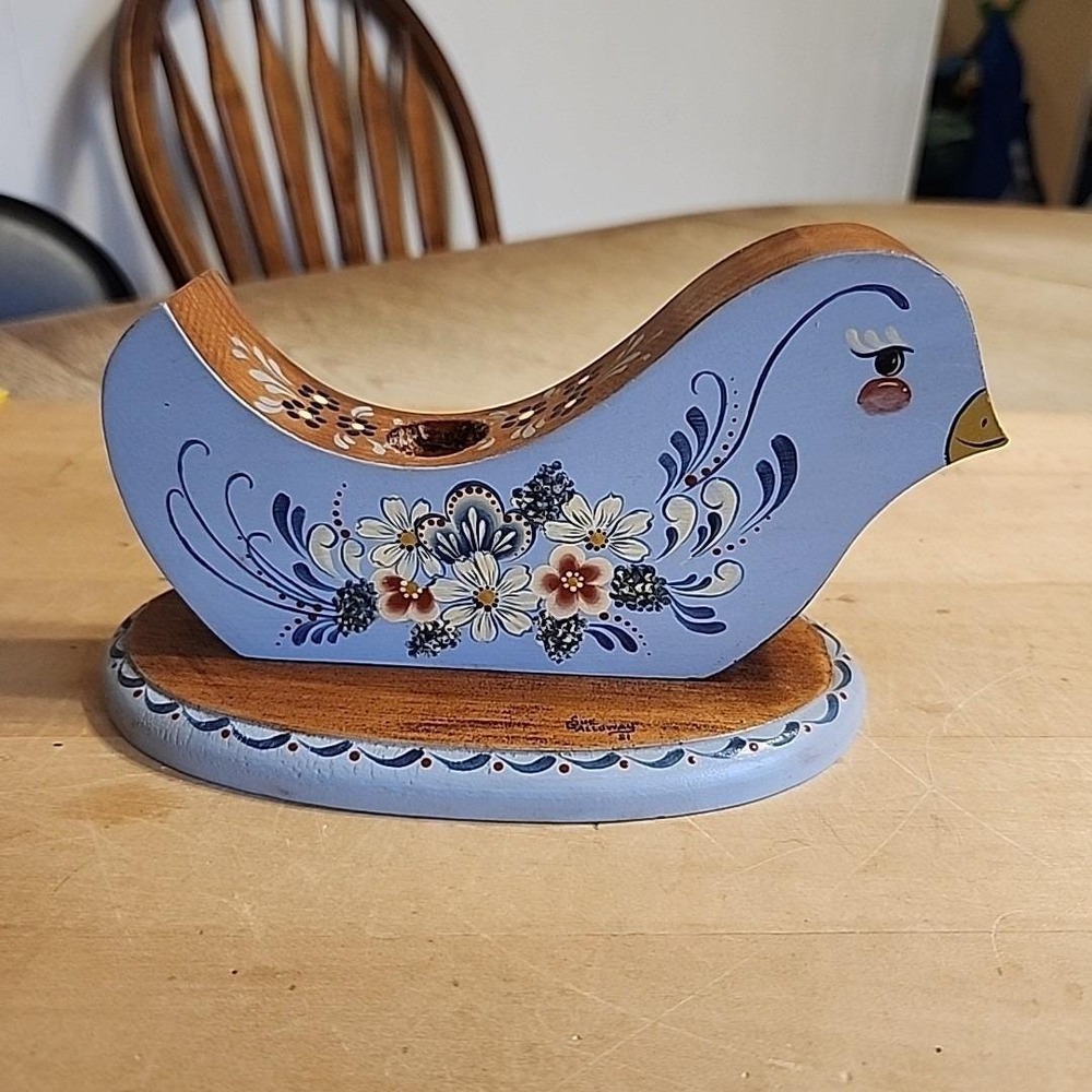 Vtg Blue Bird Hand Painted Wood Candlestick Holder Floral Artist Signed Cottage